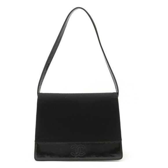 CHANEL Coco Mark Shoulder Bag Cotton Jersey Patent Leather Black - Picture 1 of 9